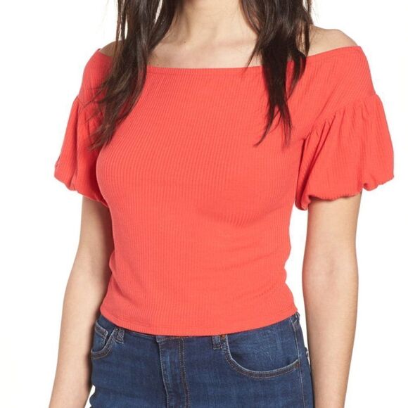 Love Fire Rib Knit Off Shoulder Top Hibiscus - Picture 1 of 12